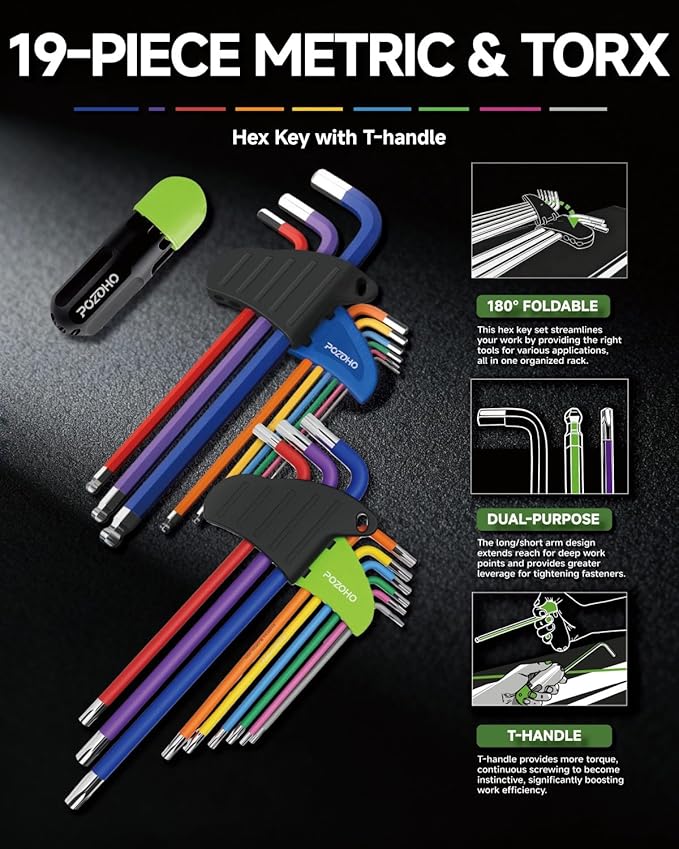 19-Piece Metric(1.5-10mm) & Torx(T10-T50) Allen Wrench Set, Color-Coded Ball End Hex Key Set with Bonus Torque Handle, Extra-Long, Anti-Rust for Motorcycle, Car Repair & Diy, PTM01019A