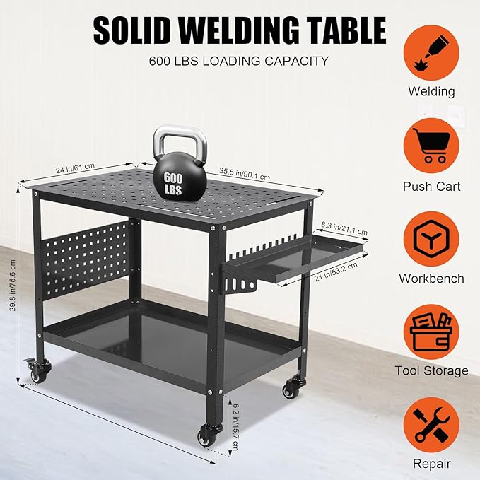 36x24 Steel Welding Table,1200 Lb Portable Welding Fixture Table for Shop,Rolling Welding Table with 5/8" Holes for Shop Garage (Black, with Tool Tray)