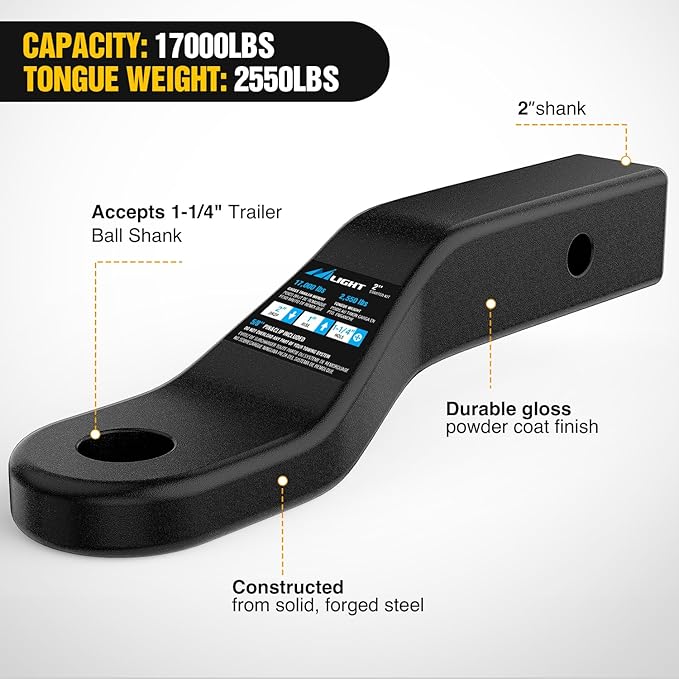 Nilight Forged Trailer Hitch Mount Fits 2 Inch Receiver Square 5/8" Hitch Pin Clip 17000 lbs 2" Drop, 1-1/4” Hole, Gloss Black Powder Coat