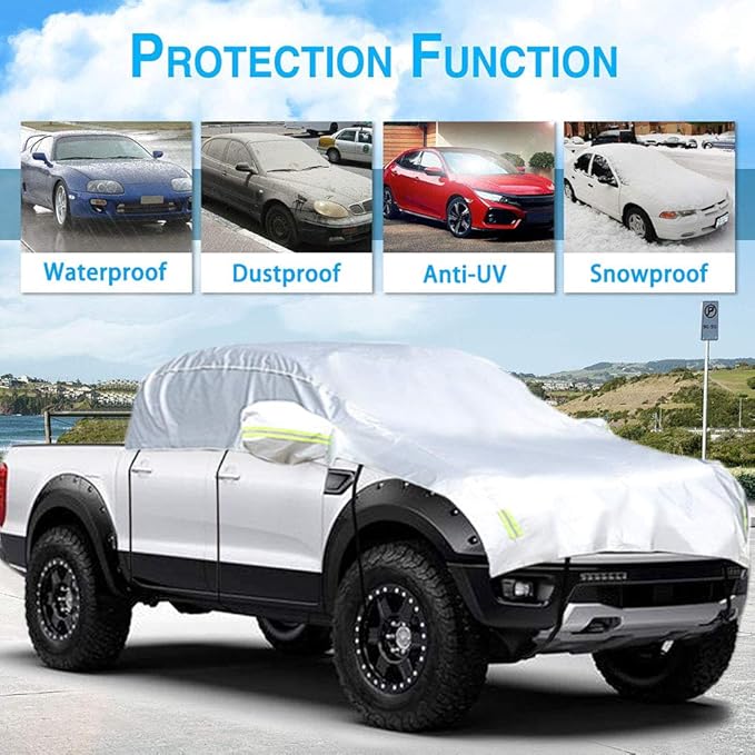 Half Car Cover with Cotton All Weather Car Body Covers Outdoor Indoor for All Season Waterproof Dustproof UV Resistant Snowproof Universal (Pickup (Crew Cab))