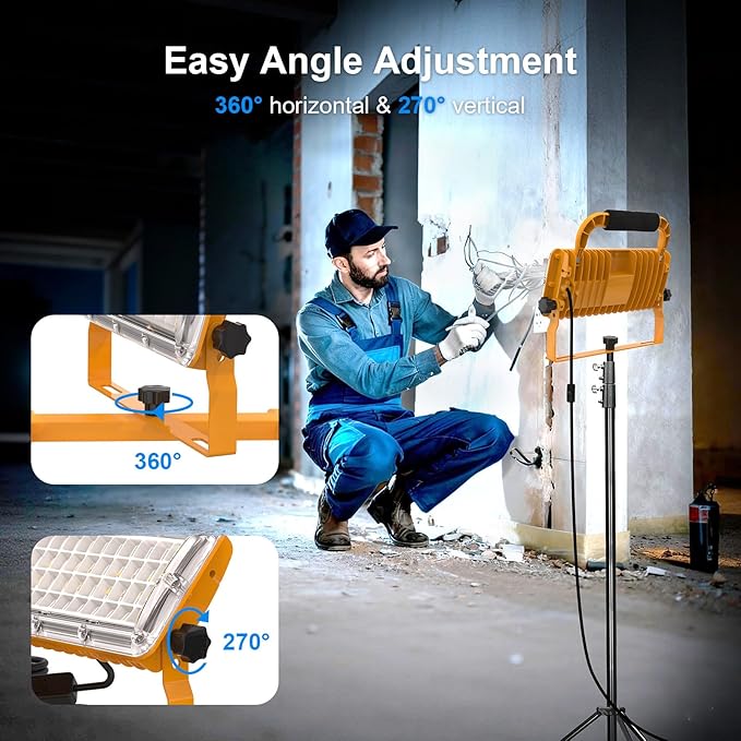 LED Work Light 6500LM 85-277v, 500W Equivalent Flood Light with 10FT Cord Switch, 5000K Work Lights with Stand, Portable LED Lights IP67 Waterproof for Job, Workshop, Construction
