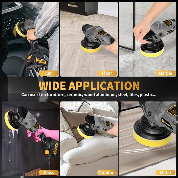 JEXUGK 5" Cordless Car Buffer Polisher, 21V Professional Brushless Polisher w/ 2 x 4.0Ah Battery, Orbital Pulidora De Autos Inalambrica w/ 6 Speed, Car Buffer Waxer Kit for Sanding, Scratch Removing