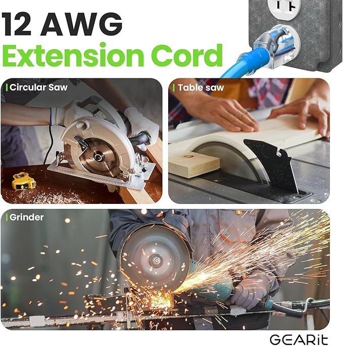 GEARit 100 Ft Extension Cords 12/3 Gauge Outdoor/Indoor Triple Outlet SJEOW 12 AWG 3 Prong Heavy Duty Power Cable 15A 125V 1875W for Lawn, Garden, Appliances Blue