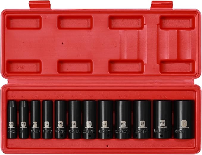 MIXPOWER 12 Pieces 3/8-Inch Drive Deep Impact Socket Set, 5/16 to 1 inch, CR-V, SAE, 6 Point, Deep, 12 Pieces 3/8" Dr. Socket