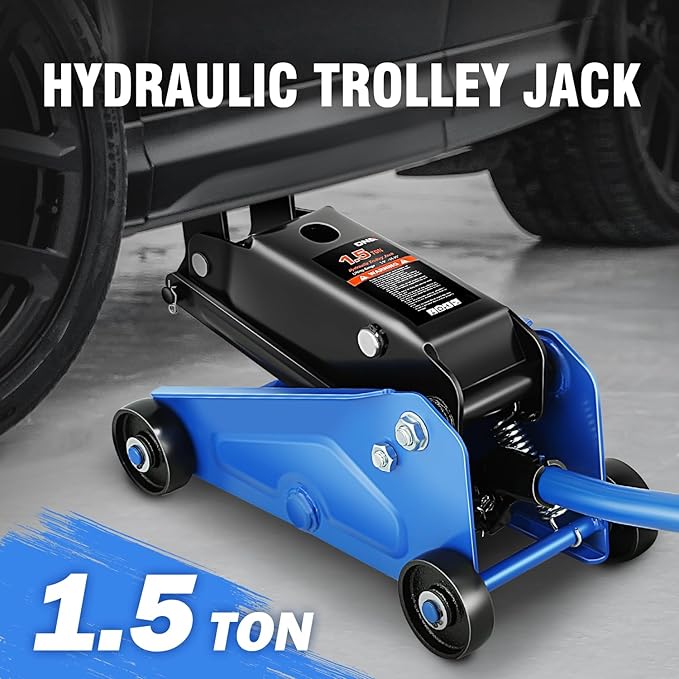 DNA Motoring Low Profile Hydraulic Trolley Service/Floor Jack, 1.5 Ton (3000 lbs) Capacity, Lifting Range 5.5"-15.35",Blue, TOOLS-00675-BL