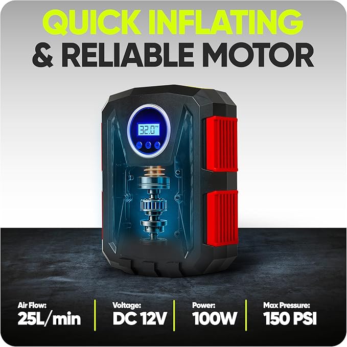 FORTEM Tire Inflator Portable Air Compressor, Air Pump for Car Tires and Bikes, Car Tire Pump w/Auto Shut Off, 150 PSI, 12V DC, LED Light, Carrying Case, for Men, Women