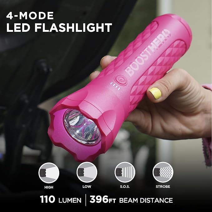 BoostHero Portable Car Battery Jump Starter, 6,000mAh Power Bank, LED Flashlight, with Smart Jumper Cables for up to 6.0L Gas/4.0L Diesel Engines (Pink)