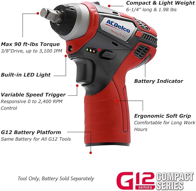 ACDelco ARW12103-K1 G12 Series 12V Cordless Li-ion 3/8” Brushless Ratchet Wrench & Impact Wrench Combo Tool