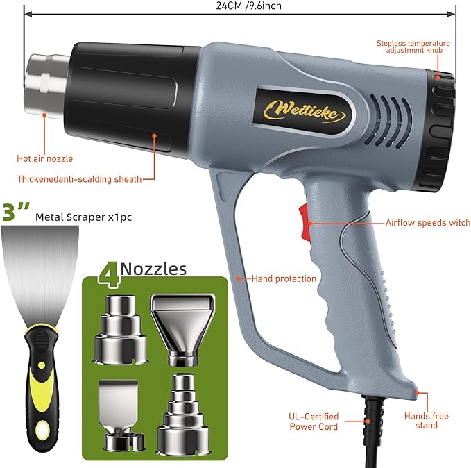 Heat Gun, 10Ft power cord Heavy Duty Hot Air Gun 572&1112℉ Dual Temperature Control 4 Nozzels & Paint Scraper Overload Protection for Paint Stripping,Crafting, vinyl wrap