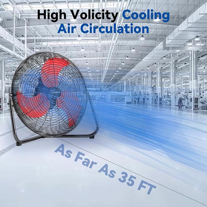 20" High Velocity Floor Fan, 5300 CFM Heavy Duty Industrial Floor Fan, 3 Speed, 360 Degree Tilt, Quiet Operation for Warehouse, Basement, Factory, Barn, Garage - UL Safety Listed