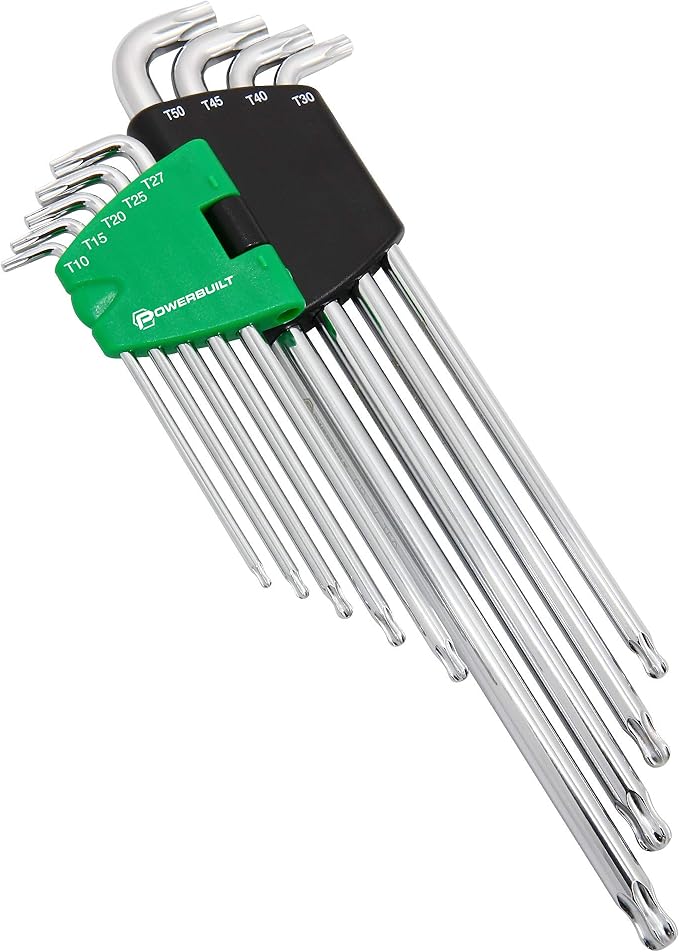 Powerbuilt 9 Piece Star Stubby Long Arm Ball End Hex Key Wrench Set, Allen Hex Key Wrench, Extra Long Arm, Ball End, size T10 to T50-240101
