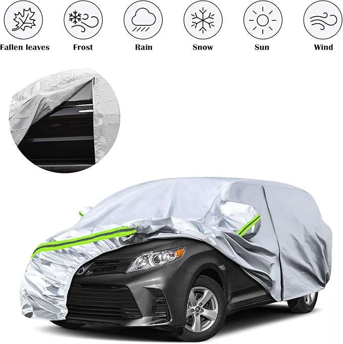 Waterproof Car Covers Replace for 2003-2025 Toyota Sienna Minivan, 6 Layers Silver All Weather Custom-fit Car Cover with Zipper Door & Windproof Bands for Snow Rain Dust Hail Protection