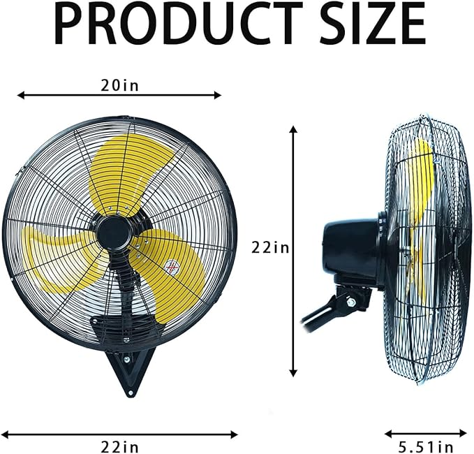 Bestronair 20 in Wall Mount Fan Oscillating Wall Fan with 3 Speed High Velocity Wall Mounted Fans Heavy Duty for Garage, Patio, Industrial, Shop, Commercial Indoor Outdoor Metal Fans, Yellow