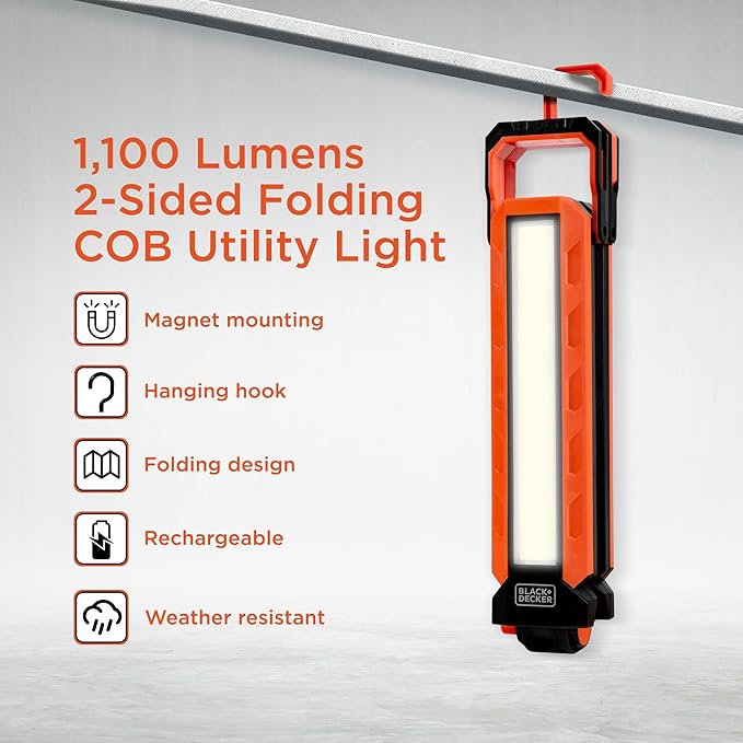 BLACK+DECKER Rechargeable Hanging LED Light, 1100 Lumens Foldable Double-Sided LED Work Light, 5 Modes, Tripod, Hook & Magnetic Mount, Indoor/Outdoor IP54 Weather-Resistant COB Lighting, Adjustable