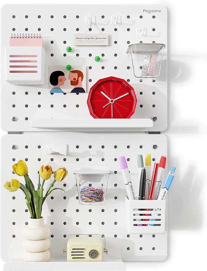 PEGZONE Pegboard Wall Organizer Combination Kit, Overall 25.4"x16.6" Metal Office Pegboard with 13 Accessories, Wall Mounted Peg board Display Panels for Home, Gaming Room, Garage (2Pcs,White)