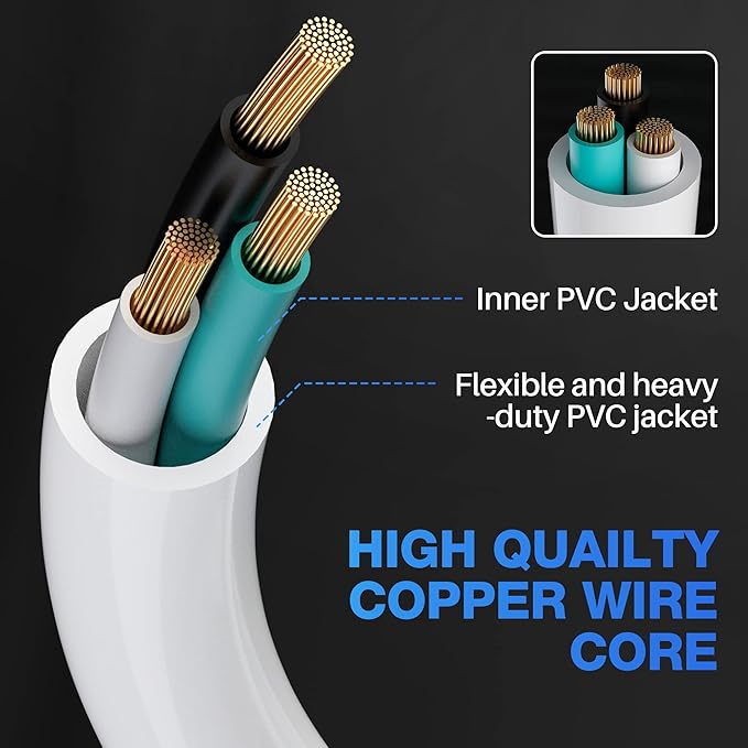 Extension Cord 6 FT, 3 Prong Extension Power Cord, 90 Degree Right Angle Plug Design, 16/3 Gauge Flexible Cold, 13A 1625W 16AWG, Save Space 3 Prong Electric Cord, ETL, White Cable with 25 Cable Ties
