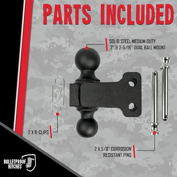 BulletProof Hitches - Adjustable Trailer Hitch 2" and 2-5/16" Dual Ball Mount - Replacement 2" and 2-5/16" Ball Hitch Rated up to 14,000 lbs - Solid Steel, Corrosion Resistant, Black Powder Coat