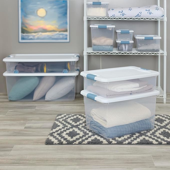Sterilite 12-Pack Latching Box, Under Bed Storage Bins with Lids, Clear Plastic, 6 Quart - Heavy-Duty Organizing Containers for Closet, Bathroom, and Office
