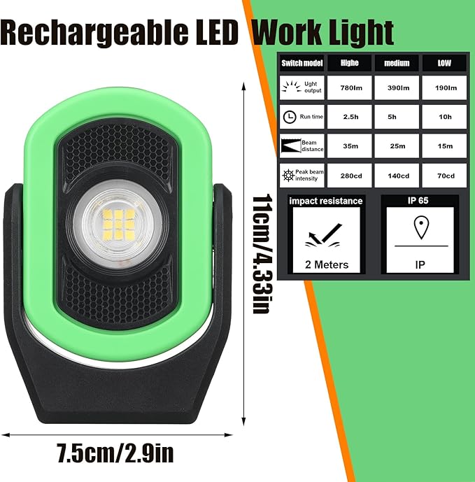 Retisee 2 Pack 780 Lumens Magnetic Work Light USB Rechargeable LED Flashlight Portable Inspection Light for Car Repair Emergency Lighting Mechanics Workshop (Orange,Green-2PK)