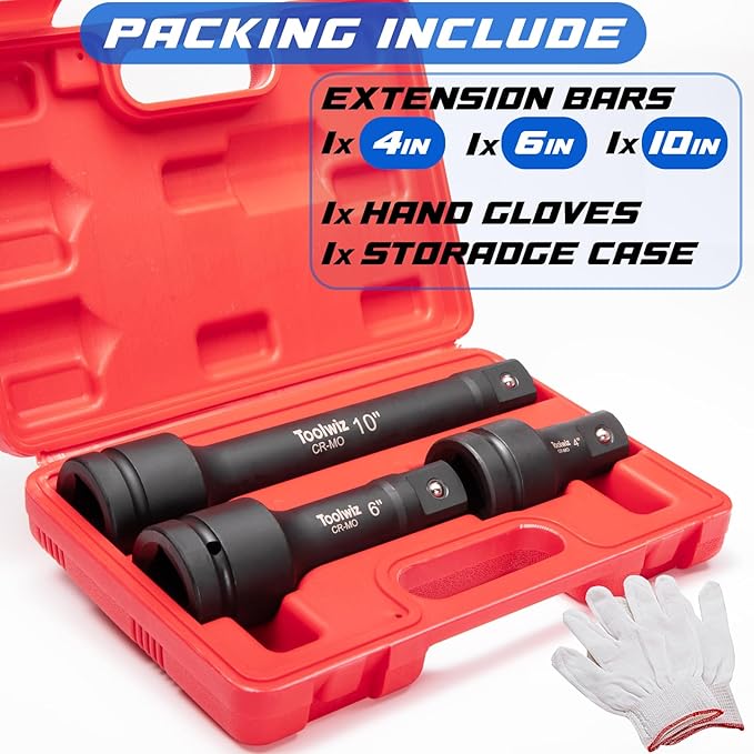 Toolwiz 1'' Socket Extension Set 4'', 6'', 10'' (3 Piece) Cr-Mo Steel, 1 inch Drive Extension Bar with Locking Pin for Mechanical Equipment Repair, Organized in PVC Box Use with Air Impact Wrenches