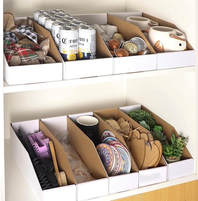 EXYGLO Cardboard Storage Bins Assorted Sizes, 35 Mixed Pack Cardboard Boxes,18 Pack 12x4x4.5, 12 Pack 12x6x4.5, 5 Pack 12x8x4.5 Corrugated Organizer Bins for Pantry, Shelves, Garage, Office, Shop