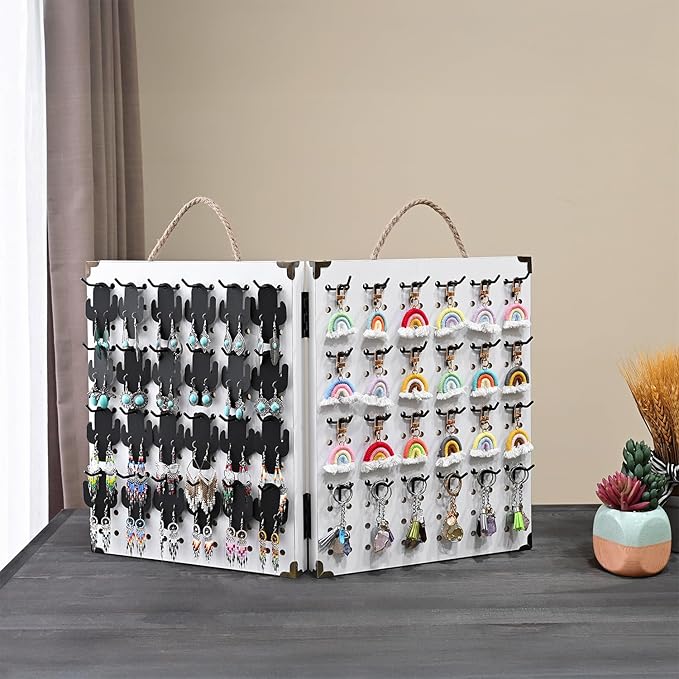 MOOCA Wooden Foldable and Portable 2 Panel Pegboard Jewelry Display Organizer with 48 Removable Black Metal Hooks & Convenient Rope Handle for Easy Carrying, Dual-Sided Panels for Hanging, White Color