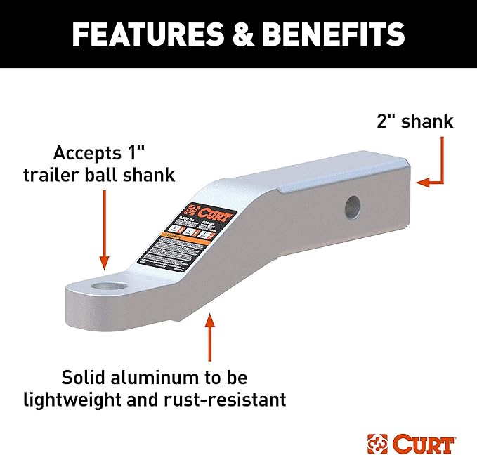 CURT 45360 Aluminum Trailer Hitch Ball Mount, Fits 2-Inch Receiver, 8,000 lbs, 1-Inch Hole, 2-in Drop, 1-in Rise
