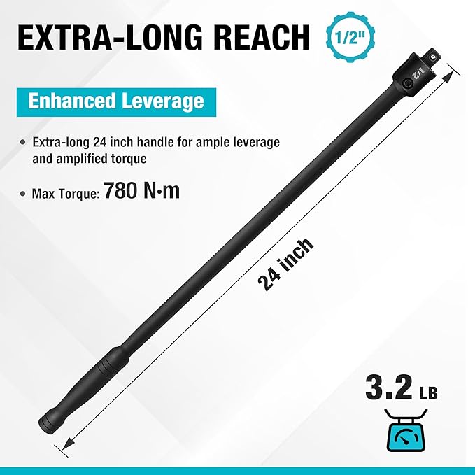 DURATECH Breaker Bar, 1/2'' Drive 24-Inch Breaker Bars Heavy Duty, with 240° Flex Head, Spring-loaded Detent Ball, CR-MO Head, Premium Black Phosphate Finish
