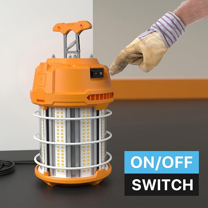 HYPERLITE LED Temporary Work Light 100W 12500LM 300W HID/HPS 5000K, Portable LED Jobsite Light with Stainless Steel Safety Guard and Sturdy Hook for Construction Sites, Workshop(with an ON/OFF Switch)