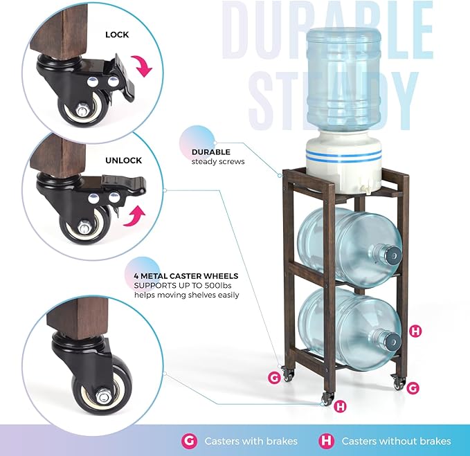 3-Tier 5 Gallon Water Jug Holder with Top Shelf – 4 Metal Wheels or Adjustable Feet – Natural Hardwood Water Dispenser Floor Stand – Wooden Organizer for Kitchen, Office, Garage – Space-Saving Design