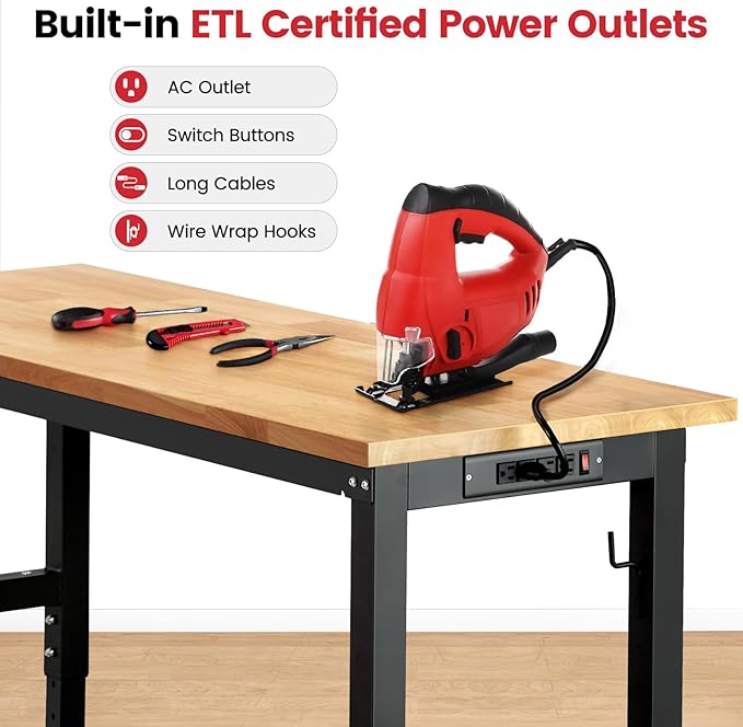 ENJOYWOOD 60" x 22" Garage Workbench Adjustable Height Work Table with Pegboard Heavy Duty Rubberwood Top Work Bench for Workshop, Office & Home