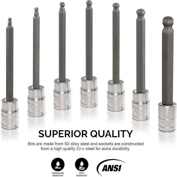 Neiko 10244A 3/8-Inch-Drive Extra-Long Ball-End Hex-Bit Socket Set, SAE Sockets 1/8" to 3/8", S2 Steel, 7-Piece Set