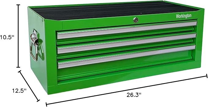 Workington Industrial 3 Drawers Portable Metal Intermediate Box, 26" Middle Tool Chest Cabinet with Ball Bearing Drawer Slides, Steel Tool Storage Box Organizer 4009 Green
