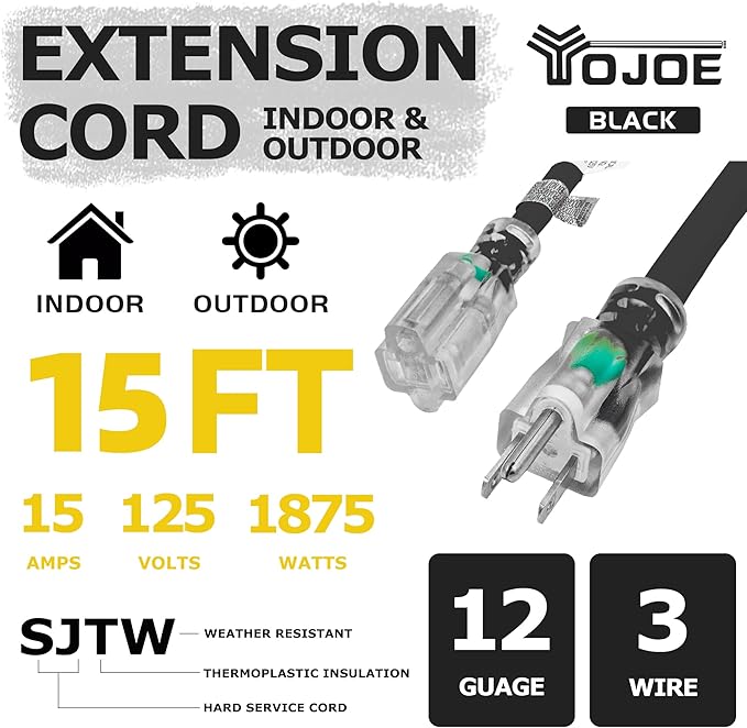 YOJOE Indoor Outdoor Extension Cord with Lighted End, 3 Prong 15A Weatherproof Power Extension Cord, 12 Gauge Heavy Duty 15 ft Black Extension Cord for Garage, Garden and Home, 12/3 SJTW UL Listed