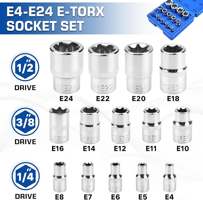 14-Piece Female E-Torx Socket Set, E4-E24 External Star Sockets, 1/4" 3/8" 1/2" Drive, High-Strength Cr-V Steel, Compatible with Regular & E-Torx Plus, Automotive Repair Tool Kit with Storage Case