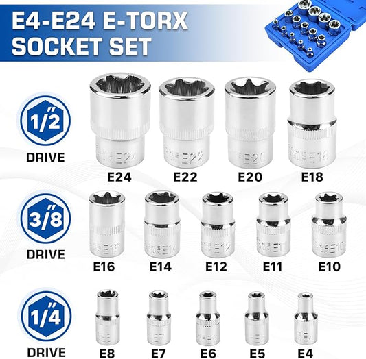14-Piece Female E-Torx Socket Set, E4-E24 External Star Sockets, 1/4" 3/8" 1/2" Drive, High-Strength Cr-V Steel, Compatible with Regular & E-Torx Plus, Automotive Repair Tool Kit with Storage Case