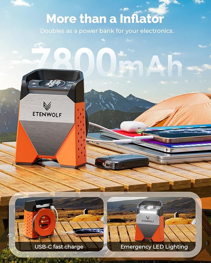 ETENWOLF ZEPHYR S3 Tire Inflator Portable Air Compressor, 1 Min Fast Inflation and 100% Duty Cycle, 160 PSI Air Pump for Cars, SUVs, Bikes, Balls (Vivid Orange)