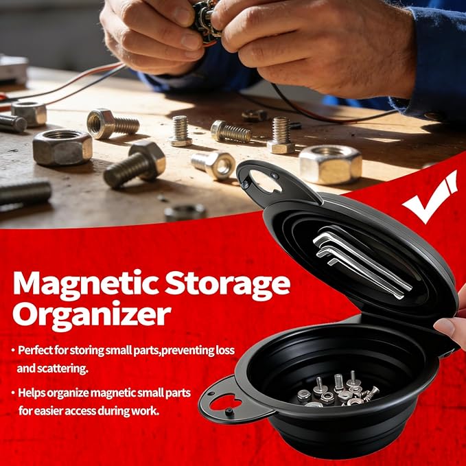 Collapsible Magnetic Parts Tray Set, New Upgraded Version Magnetic Trays, Integrated 5.1" Round Dual Silicone Bowls, Multi-Use Nuts And Bolts Organizer, Bonus Hook for On-the-Go Carry (black2.0)