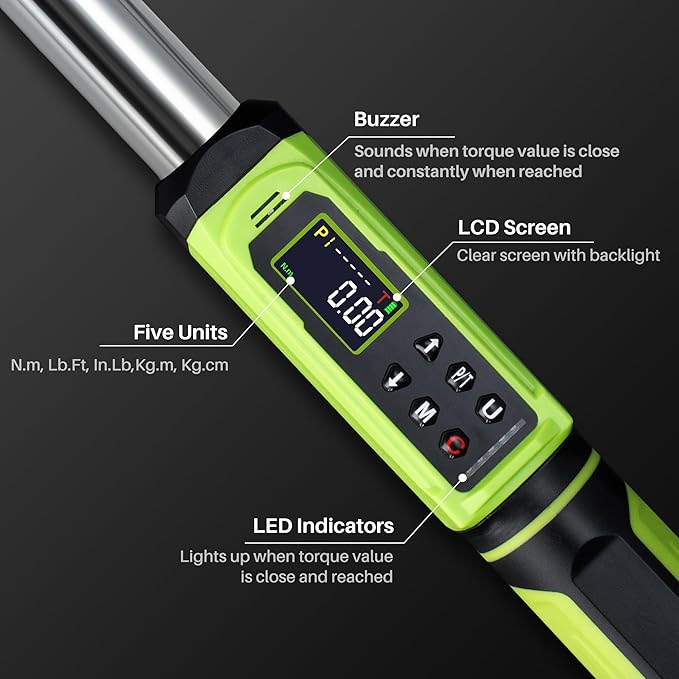 Digital Torque Wrench 1/2"Drive-3.8-250.8Ft.Lb/5.1-340N.m, Electric Torque Wrench With Dual Direction Vibration Buzzer LED Indicator,±2% Accuracy Five Units for Bike Motorcycle Car Auto Repair