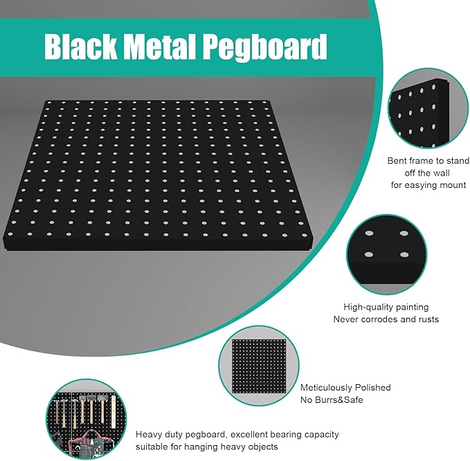 Pegboard, 4 PCS 16”×16” Large Heavy Duty Metal Pegboard Panels with Frame Black Peg Board Display Peg Boards for Walls, Display, Garage Tool Storage, Office Organization, Craft Room, Kitchen