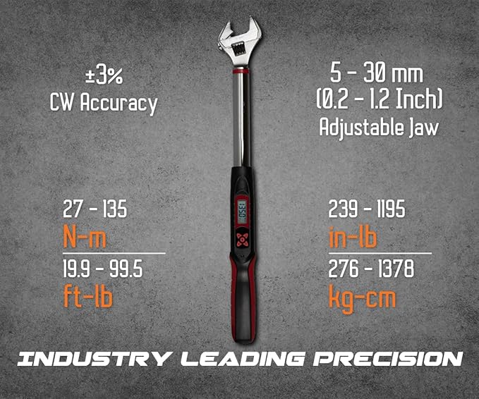 Tapha Tools Adjustable Digital Torque Wrench 5 - 99.5 ft-lbs (6.8 - 135 N-m) Torque Range, 5 - 30 mm Adjustable Jaw, LED and Buzzer Notification, Preset Memory, ISO 6789 Tested and Calibrated
