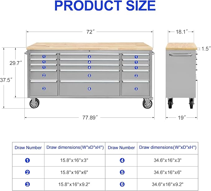 72-Inch Stainless Steel Rolling Tool Box with 15 Drawers, Heavy-Duty Mobile Garage Workbench, Lockable Large Tool Chest Storage Cabinet with Wheels for Workshop