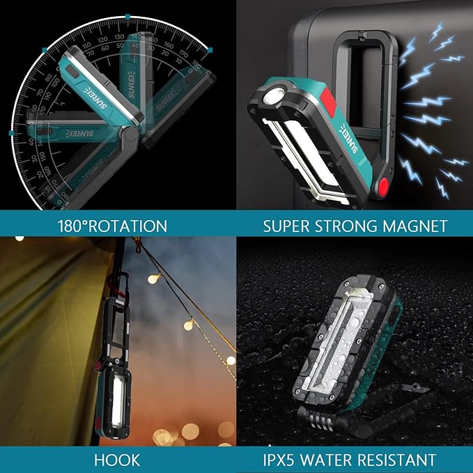 SUNREI LED Rechargeable Magnetic Work Lights COB Mechanic Lights,1200 Lumens, Magnetic Base & Hanging, 7Mode, Magnetic Flashlight Job Site & Security for Car Repair, Emergency, Gift for Men