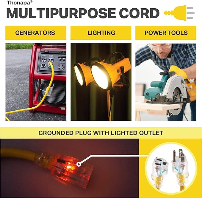 Thonapa Lighted Outdoor Extension Cord 75 ft - 12 Gauge 15 Amp Heavy Duty Power Extension Cords - SJTW - Great for Major Appliances, Power Tools, Garden Supplies - Yellow