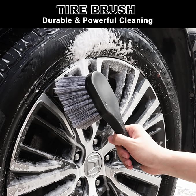 9Pcs Car Wheel & Tire Brush Kit, Wheel Cleaner Brush, Soft-bristled Rim Brush, Car Drying Towel (36"x 24"), Tire Shine Applicator Pad, Car Wash Mitt, Car Detailing Cleaning Wash Brush Supplies Kit