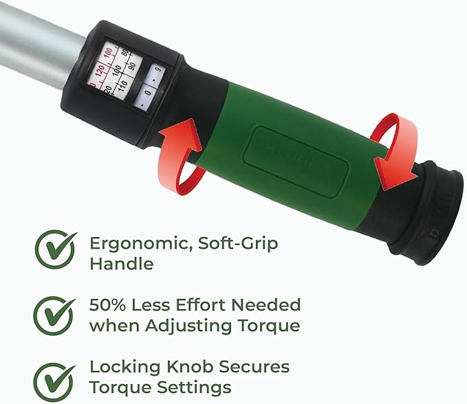 Click-Style Torque Wrench - ⅜” Drive 20-100 ft.-lb. (25-135 n.m.) 45 Tooth Ratchet Socket Wrench for Mechanic Tool Set, Easy Read Scale & Ergonomic Grip Precision, Professional Hand Tool for Repairs