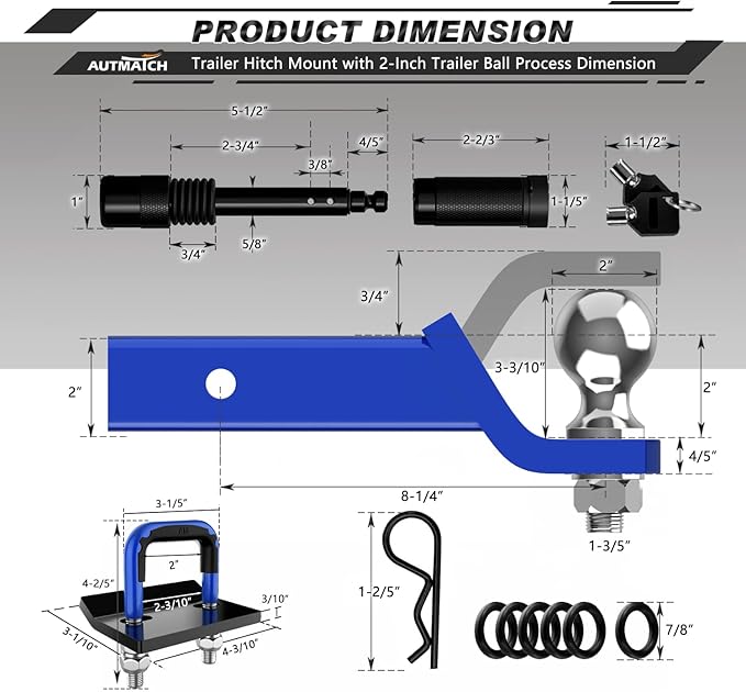 AUTMATCH Trailer Hitch Ball Mount with 2 Inch Hitch Ball - Fits 2" Receiver with Hitch Tightener, 8000Lbs Capacity Ball Hitch, 2-Inch Drop with 5/8" Hitch Lock Pin, Blue