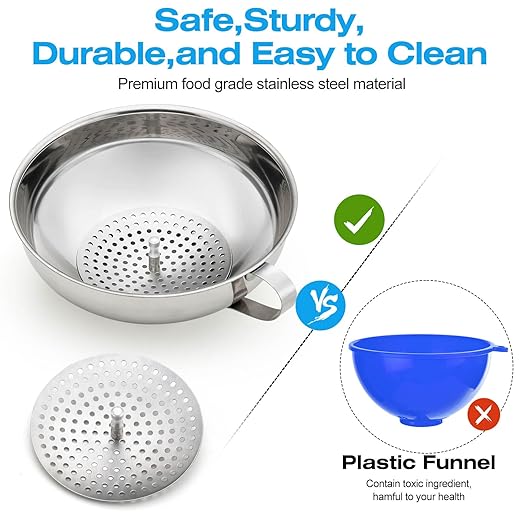 2pcs Canning Funnels for Filling Mason Jars with Strainer, Food Grade Stainless Steel Funnels for Kitchen Use, Metal Wide Mouth Funnel for Mason Jar