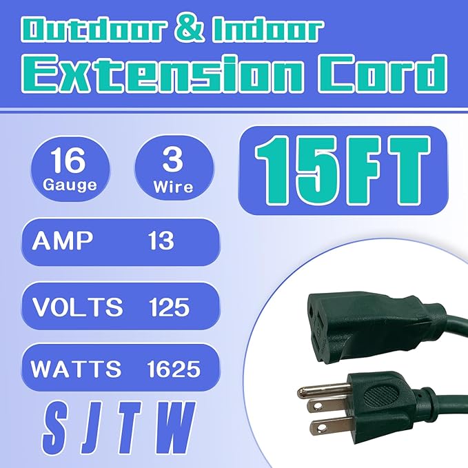 Indoor Outdoor Extension Cord 15 FT, 16/3 SJTW Weatherproof Green Electrical Cords, 13 AMP Heavy Duty 3 Prong Power Cable Great for Garden, Landscaping & Holiday Decorations