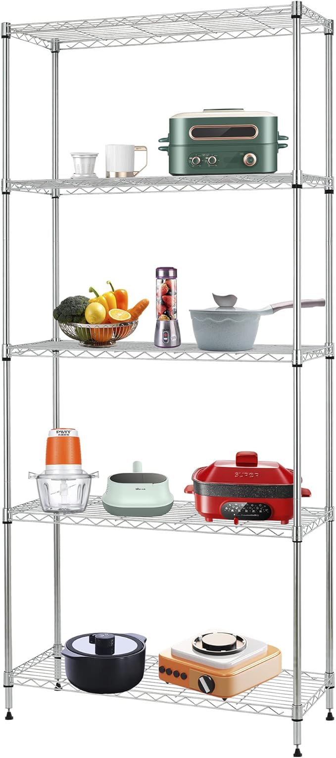 FDW 14" D×24" W×60" H Wire Shelving Unit Metal Commercial Shelf with 5 Tier Layer Rack Strong Steel for Restaurant Garage Pantry Kitchen Garage,Chrome